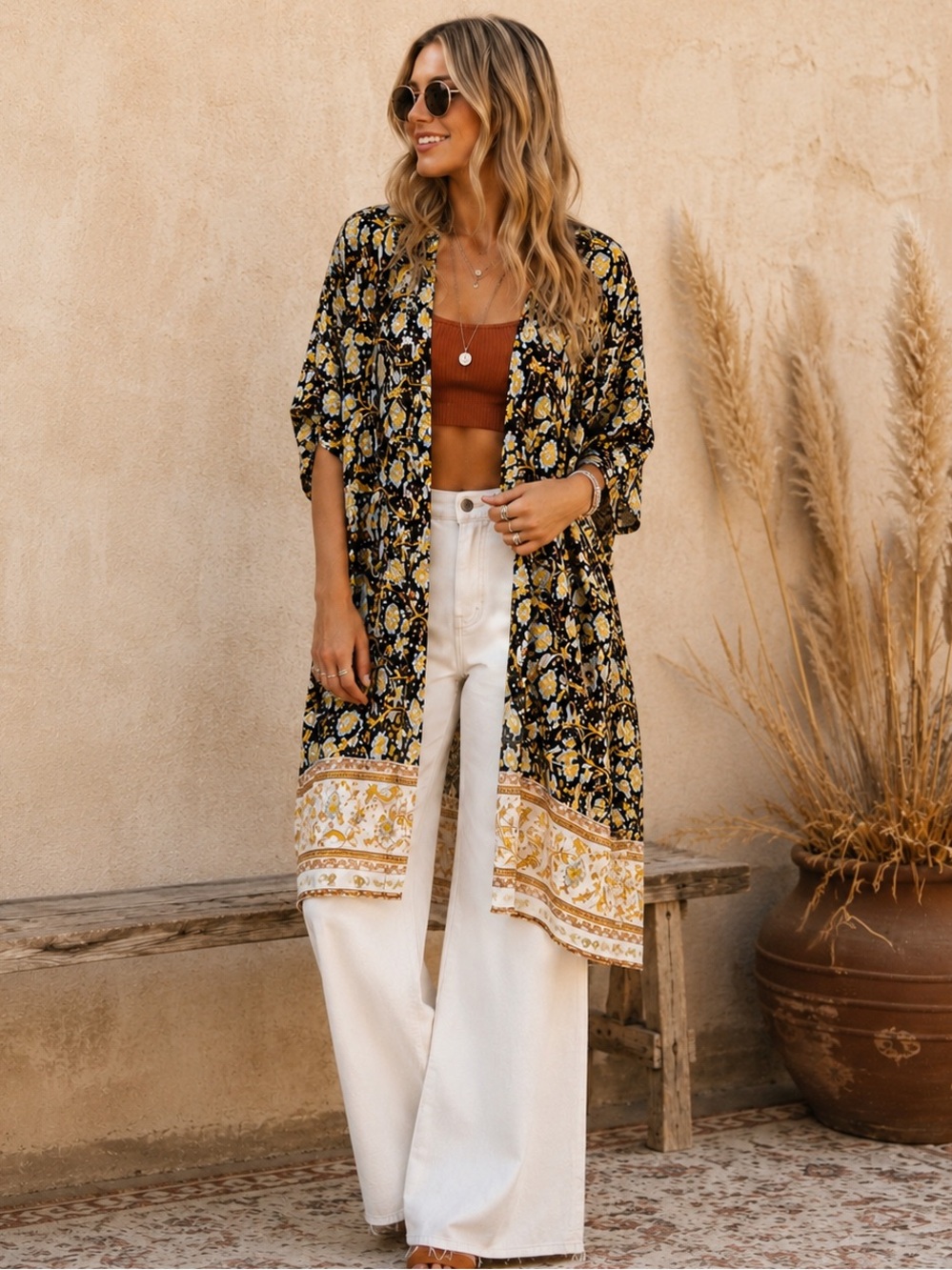 Easel Boho Floral Kimono Duster Cardigan Oversized Festival Rayon Sz L
